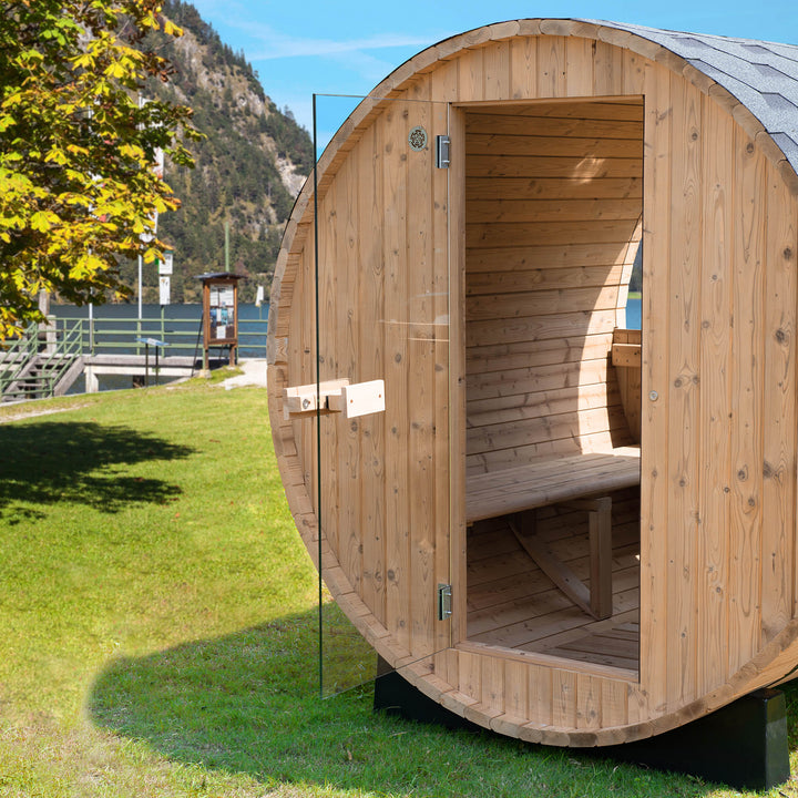Woodbridge 2-3 Person Finland Thermo Pine Outdoor Barrel Sauna with Harvia Electric Heater and Asphalt Shingle Roof