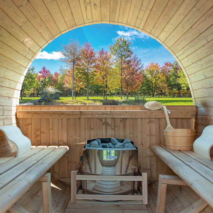 Woodbridge 2-3 Person Finland Thermo Pine Outdoor Barrel Sauna with Harvia Electric Heater and Asphalt Shingle Roof