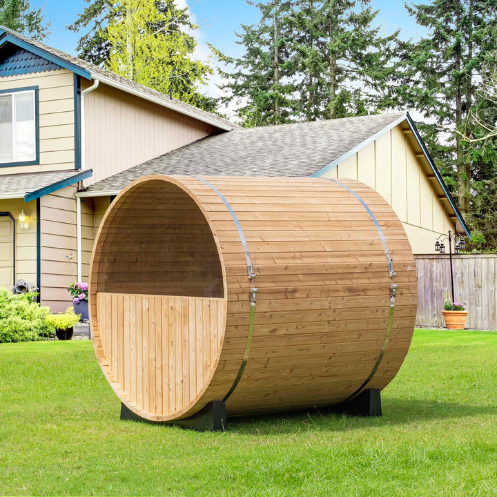 Woodbridge 2-3 Person Finland Thermo Pine Outdoor Barrel Sauna with Harvia Electric Heater and Asphalt Shingle Roof