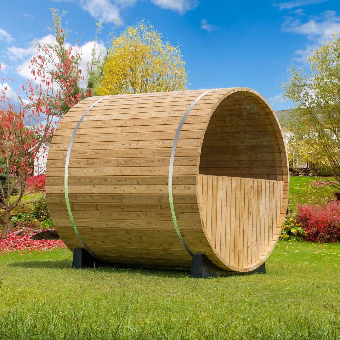 Woodbridge 2-3 Person Finland Thermo Pine Outdoor Barrel Sauna with Harvia Electric Heater and Asphalt Shingle Roof