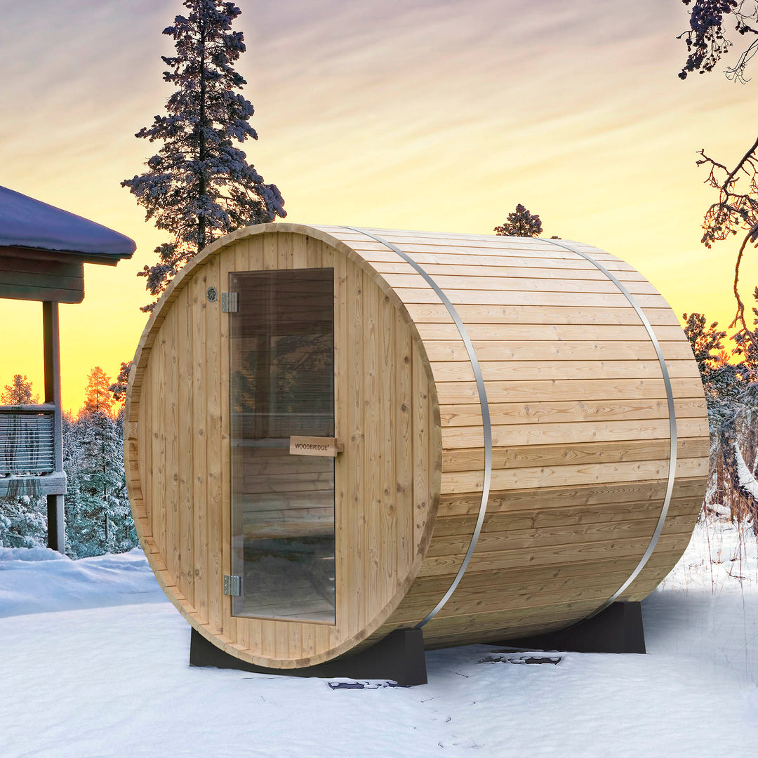 Woodbridge 2-3 Person Finland Thermo Pine Outdoor Barrel Sauna with Harvia Electric Heater and Asphalt Shingle Roof