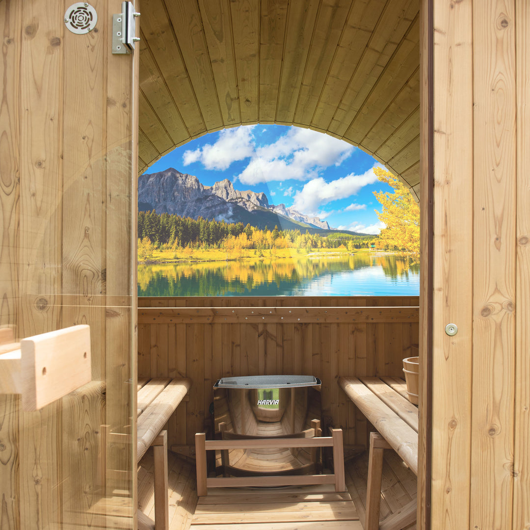 Woodbridge 2-3 Person Finland Thermo Pine Outdoor Barrel Sauna with Harvia Electric Heater and Asphalt Shingle Roof