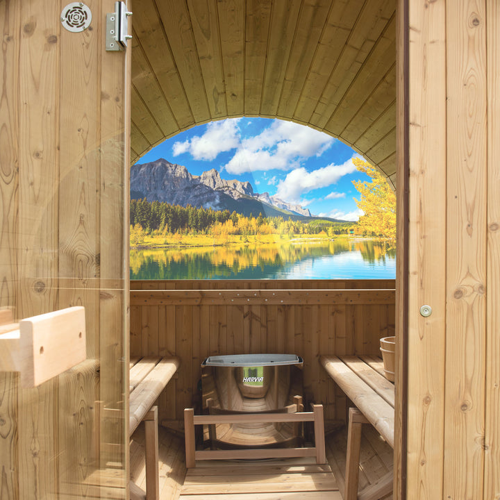 Woodbridge 2-3 Person Finland Thermo Pine Outdoor Barrel Sauna with Harvia Electric Heater and Asphalt Shingle Roof