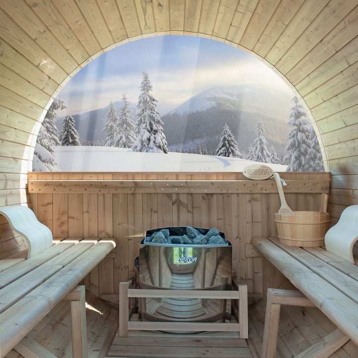 Woodbridge 2-3 Person Finland Thermo Pine Outdoor Barrel Sauna with Harvia Electric Heater and Asphalt Shingle Roof