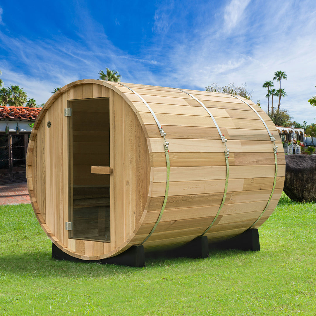 Woodbridge 4 Person Canadian Red Cedar Outdoor Barrel Sauna with Harvia Electric Heater and Shingle Roof