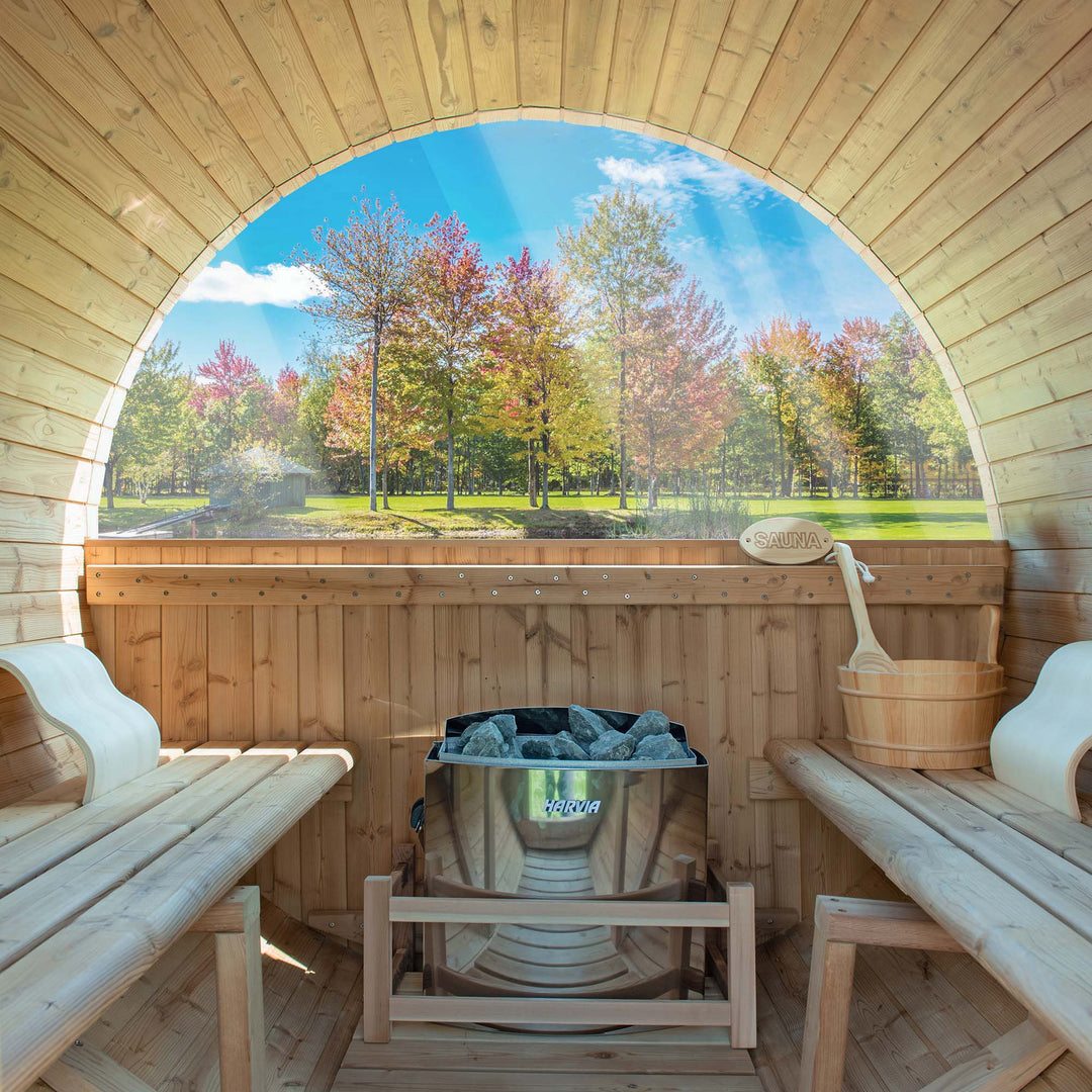Woodbridge 4 Person Canadian Red Cedar Outdoor Barrel Sauna with Harvia Electric Heater and Shingle Roof