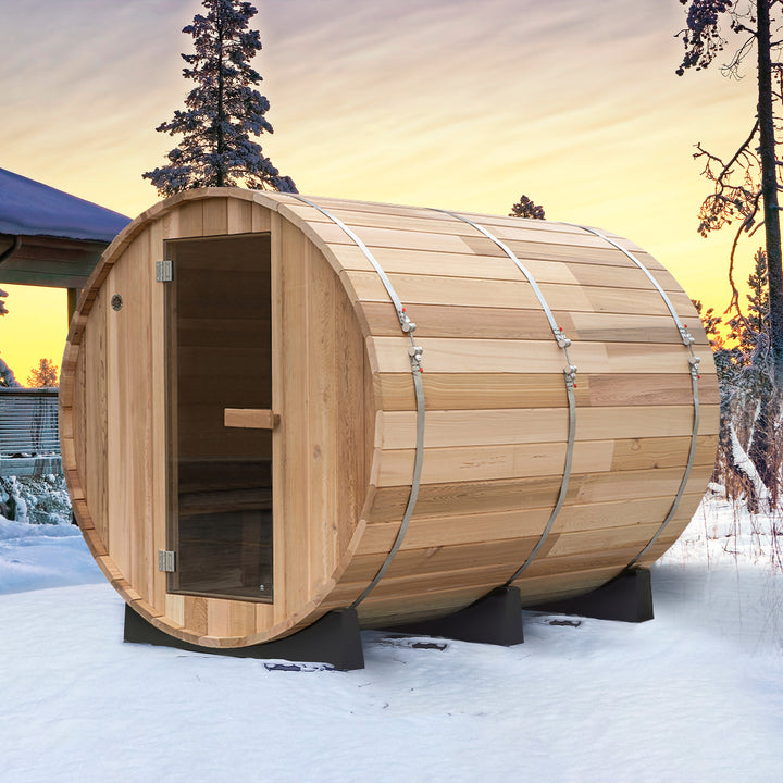 Woodbridge 4 Person Canadian Red Cedar Outdoor Barrel Sauna with Harvia Electric Heater and Shingle Roof