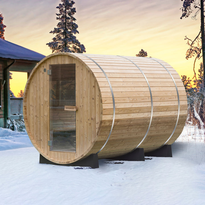 Woodbridge 4 Person Findland Thermo Pine Outdoor Barrel Sauna with Havia Electric Heater and Asphalt Shingle Roof