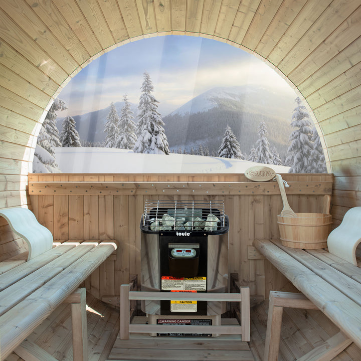 Woodbridge 4 Person Findland Thermo Pine Outdoor Barrel Sauna with Havia Electric Heater and Asphalt Shingle Roof