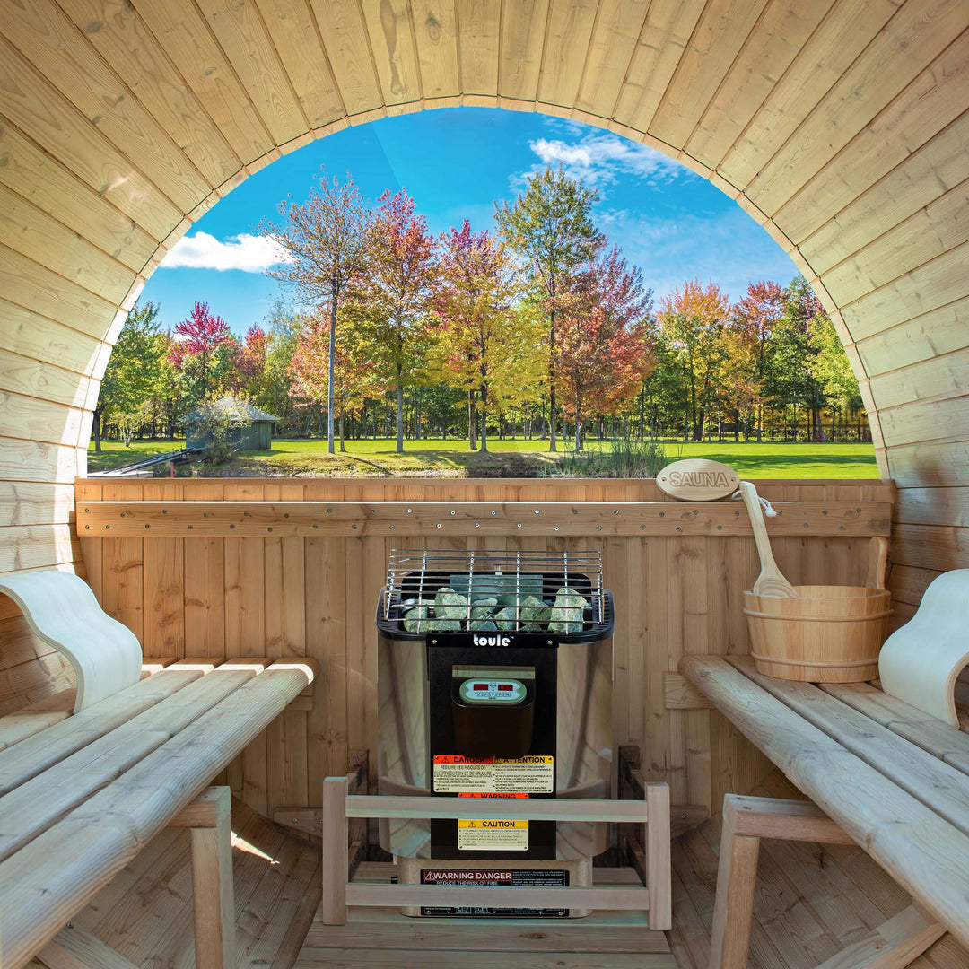 Woodbridge 4 Person Findland Thermo Pine Outdoor Barrel Sauna with Havia Electric Heater and Asphalt Shingle Roof