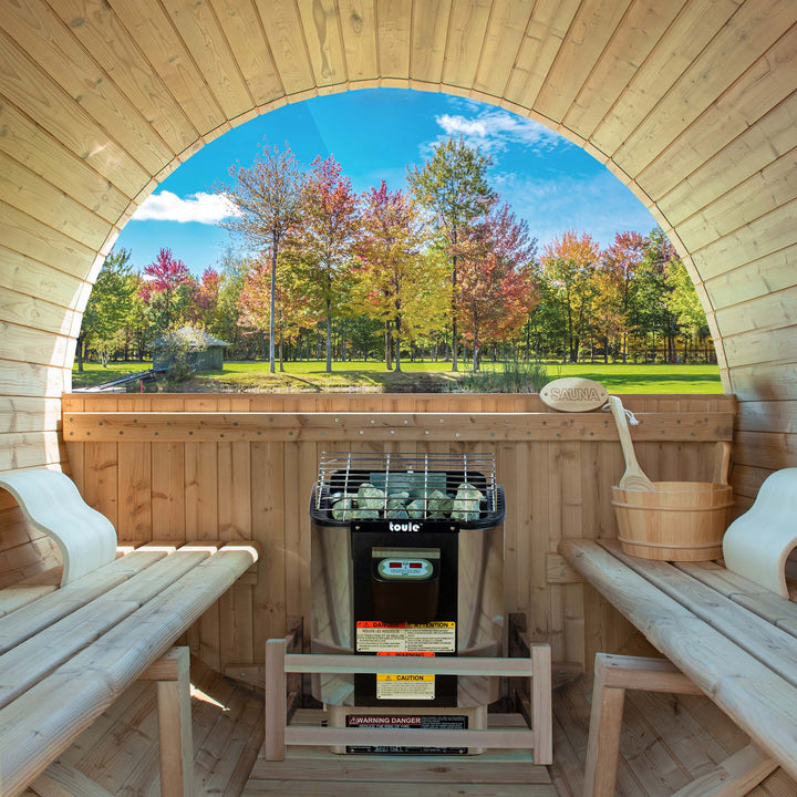 Woodbridge 4 Person Findland Thermo Pine Outdoor Barrel Sauna with Havia Electric Heater and Asphalt Shingle Roof