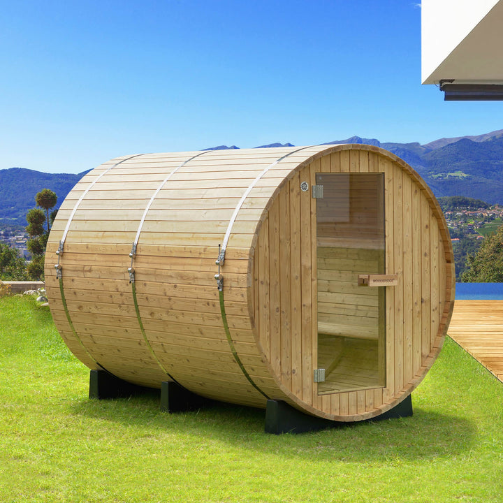 Woodbridge 4 Person Findland Thermo Pine Outdoor Barrel Sauna with Havia Electric Heater and Asphalt Shingle Roof