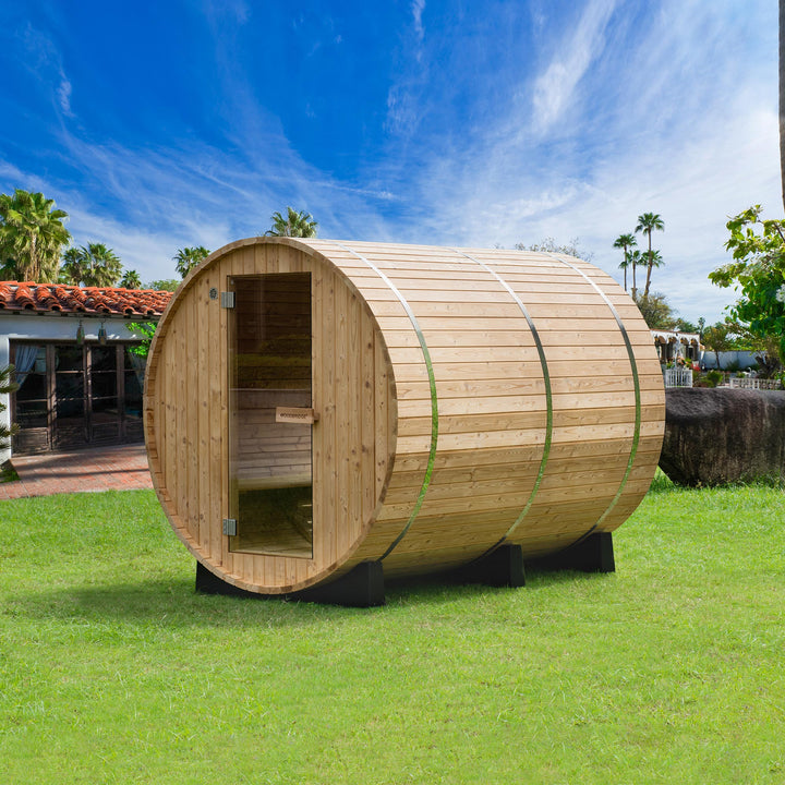 Woodbridge 4 Person Findland Thermo Pine Outdoor Barrel Sauna with Havia Electric Heater and Asphalt Shingle Roof