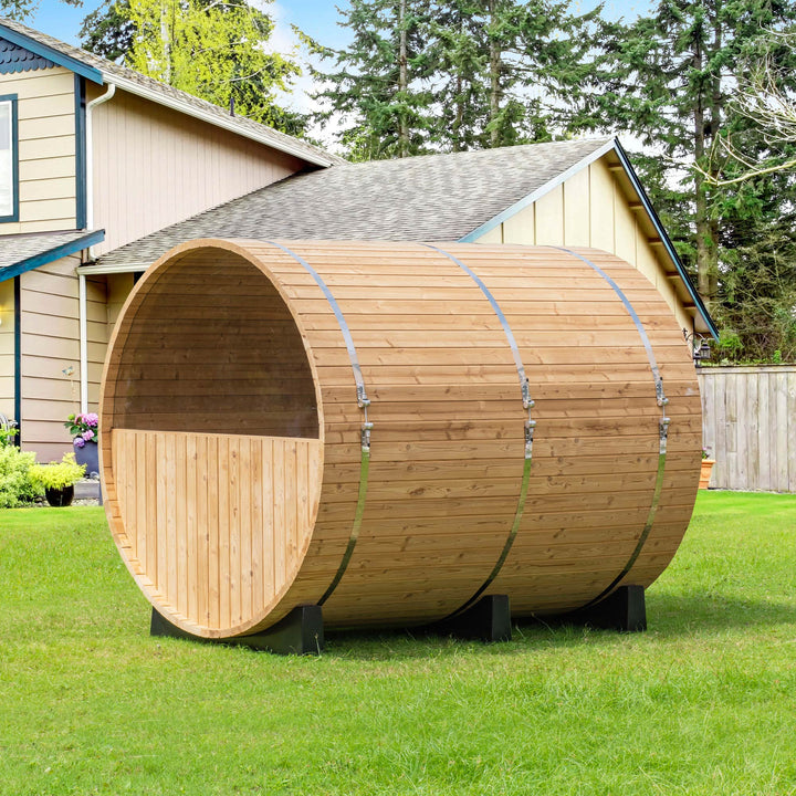 Woodbridge 4 Person Findland Thermo Pine Outdoor Barrel Sauna with Havia Electric Heater and Asphalt Shingle Roof